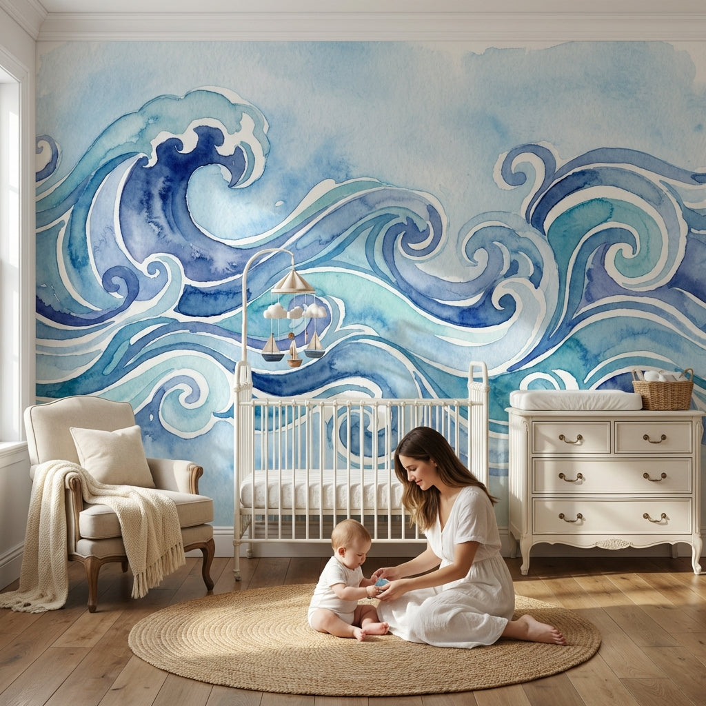 Ocean Waves Wallpaper Watercolor Modern Wall Decor