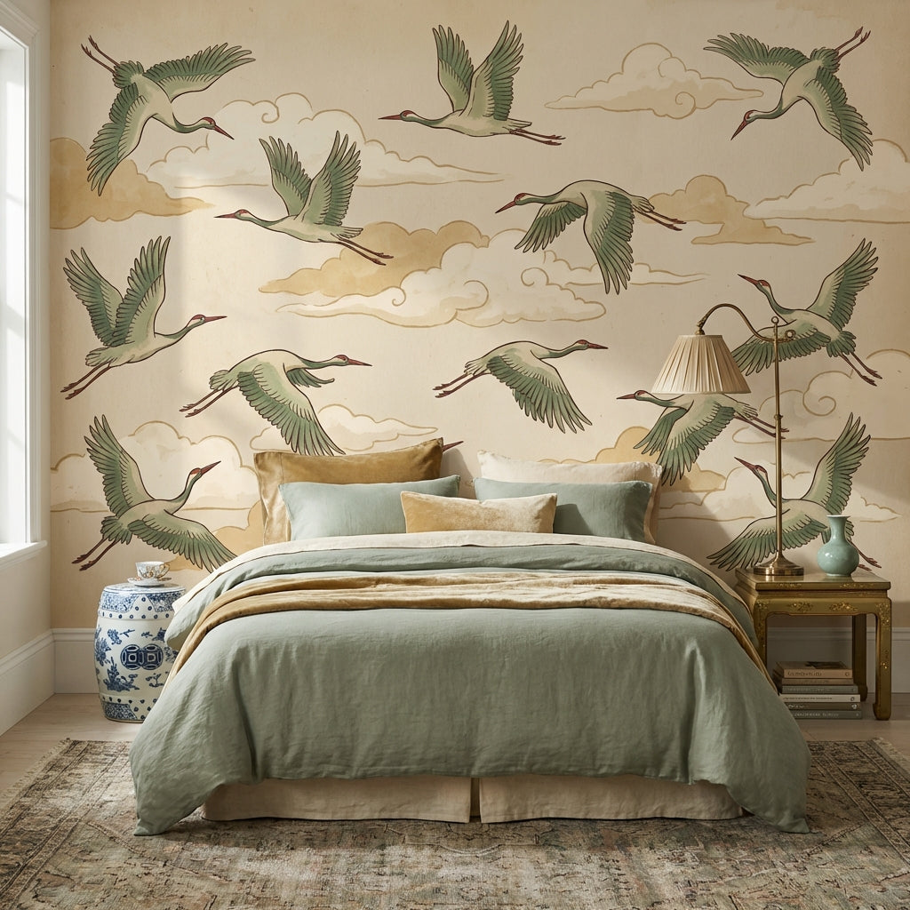 Muted Green Wallpaper Birds Vintage Wall Mural