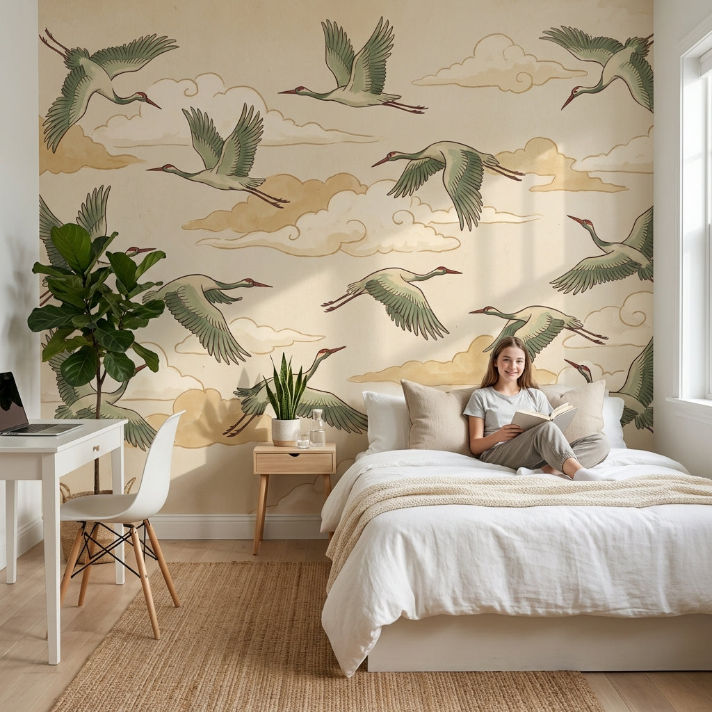 Muted Green Wallpaper Birds Vintage Wall Mural