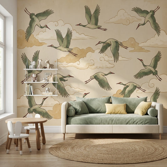 Muted Green Wallpaper Birds Vintage Wall Mural