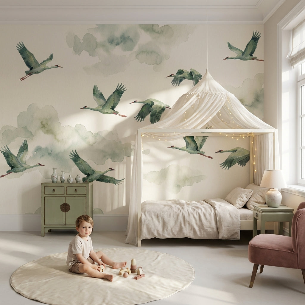 Shades Of Green Wallpaper Flying Birds Watercolor Wall Decor