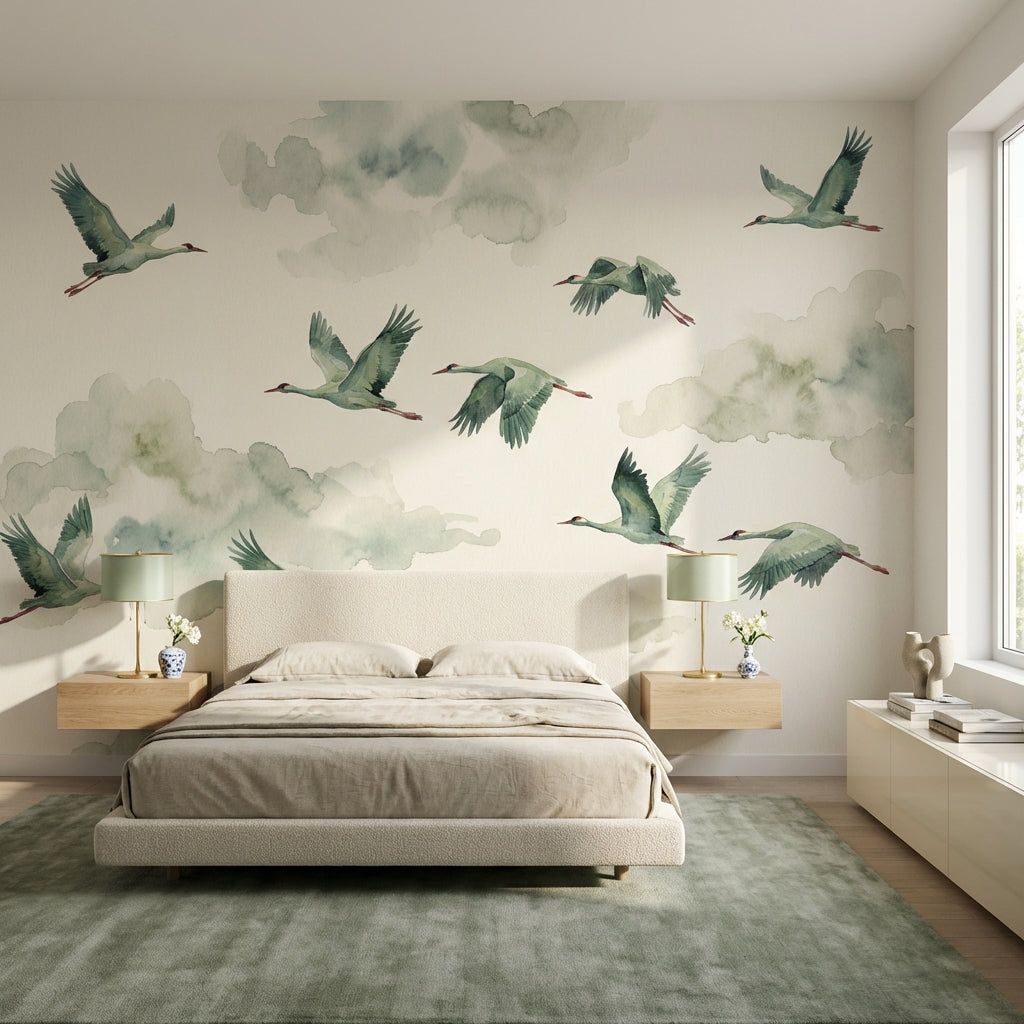 Shades Of Green Wallpaper Flying Birds Watercolor Wall Decor
