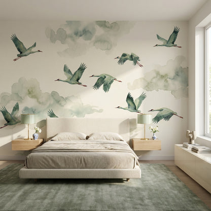 Shades Of Green Wallpaper Flying Birds Watercolor Wall Decor