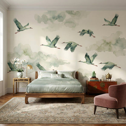 Shades Of Green Wallpaper Flying Birds Watercolor Wall Decor