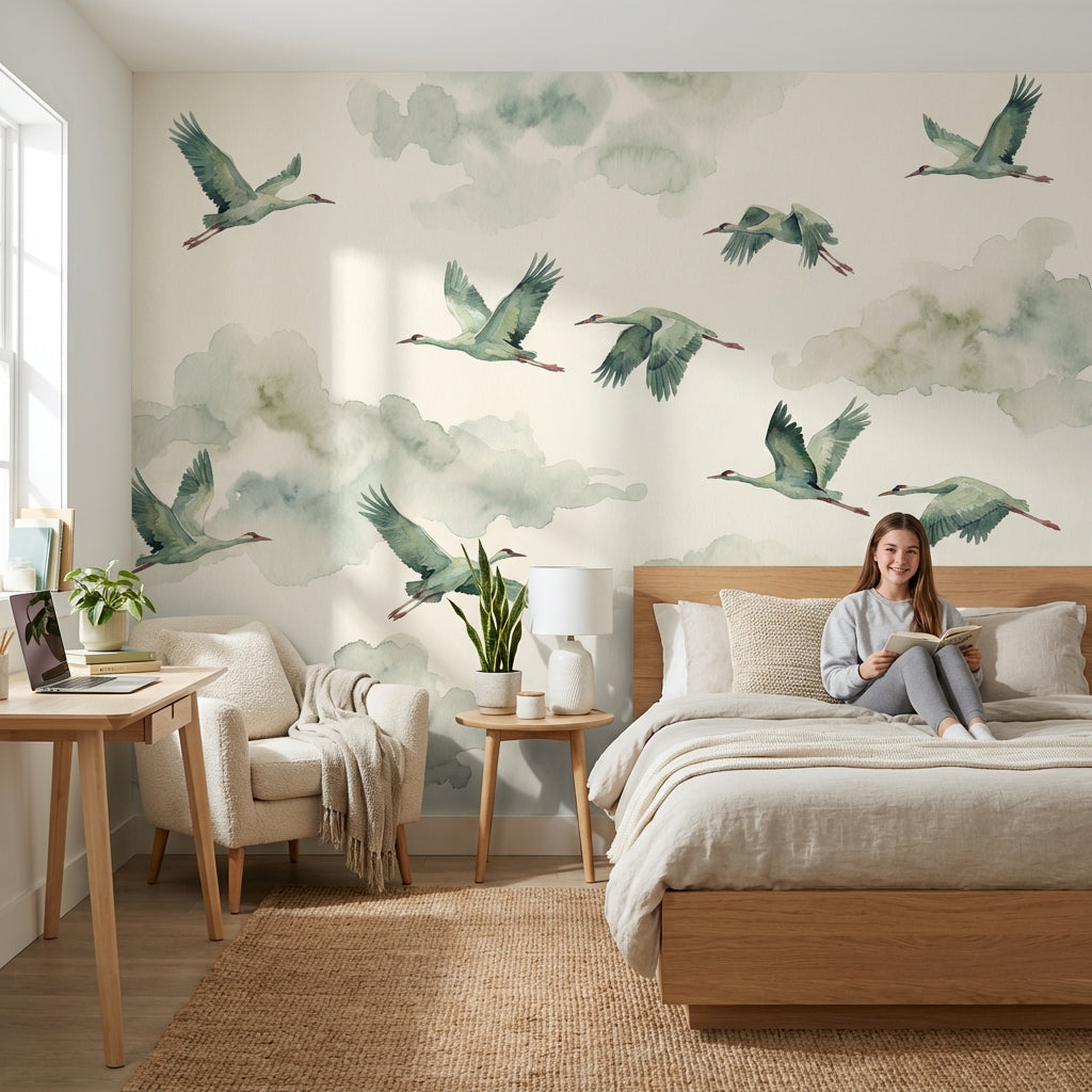 Shades Of Green Wallpaper Flying Birds Watercolor Wall Decor