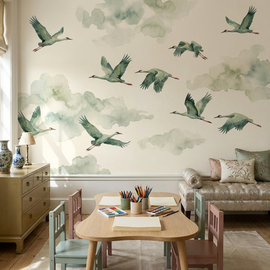 Shades Of Green Wallpaper Flying Birds Watercolor Wall Decor