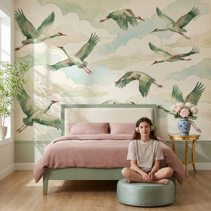 Shades Of Green Wallpaper Birds Watercolor Wall Mural