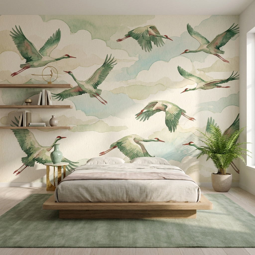 Shades Of Green Wallpaper Birds Watercolor Wall Mural