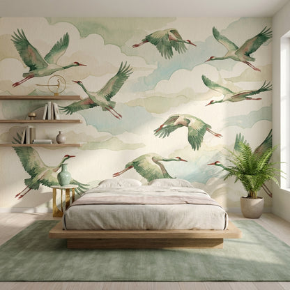 Shades Of Green Wallpaper Birds Watercolor Wall Mural