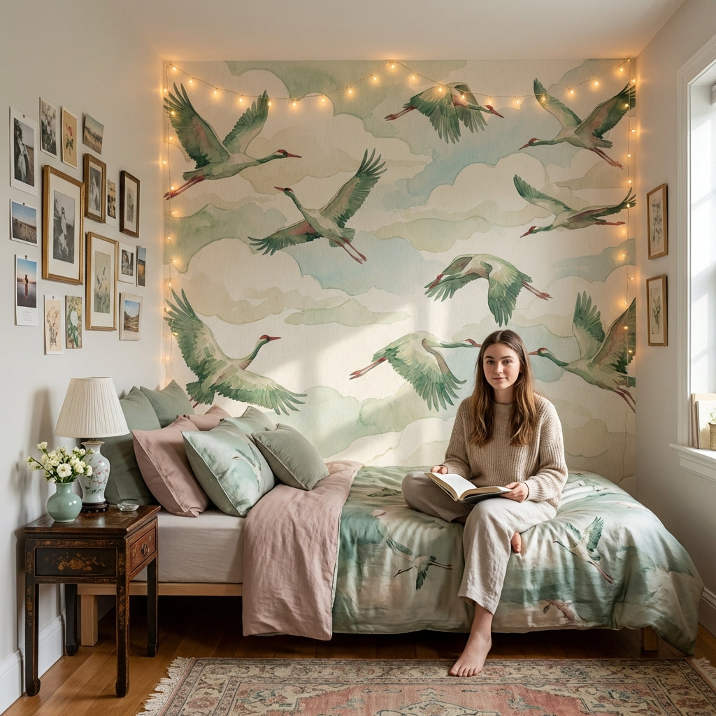 Shades Of Green Wallpaper Birds Watercolor Wall Mural