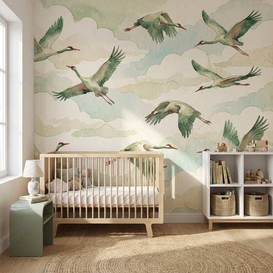 Shades Of Green Wallpaper Birds Watercolor Wall Mural