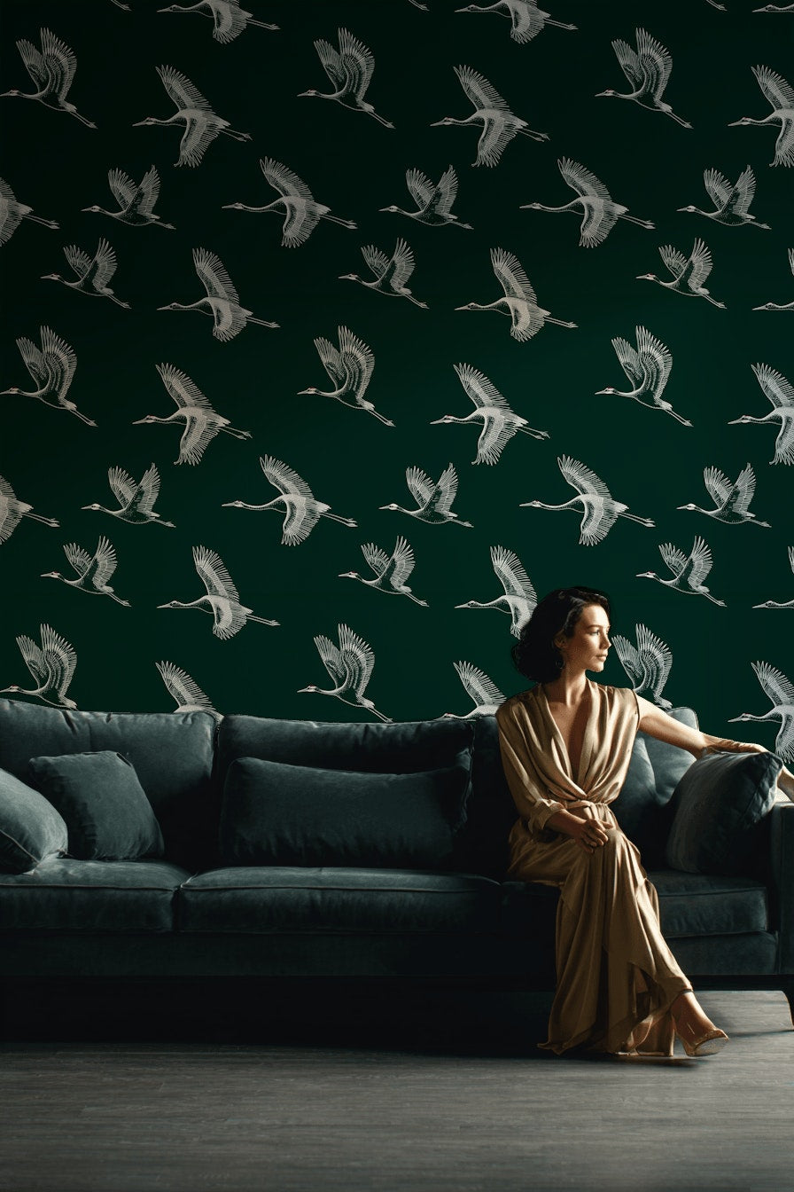 Cranes Wallpaper Dark Green Minimalist Wall Decor