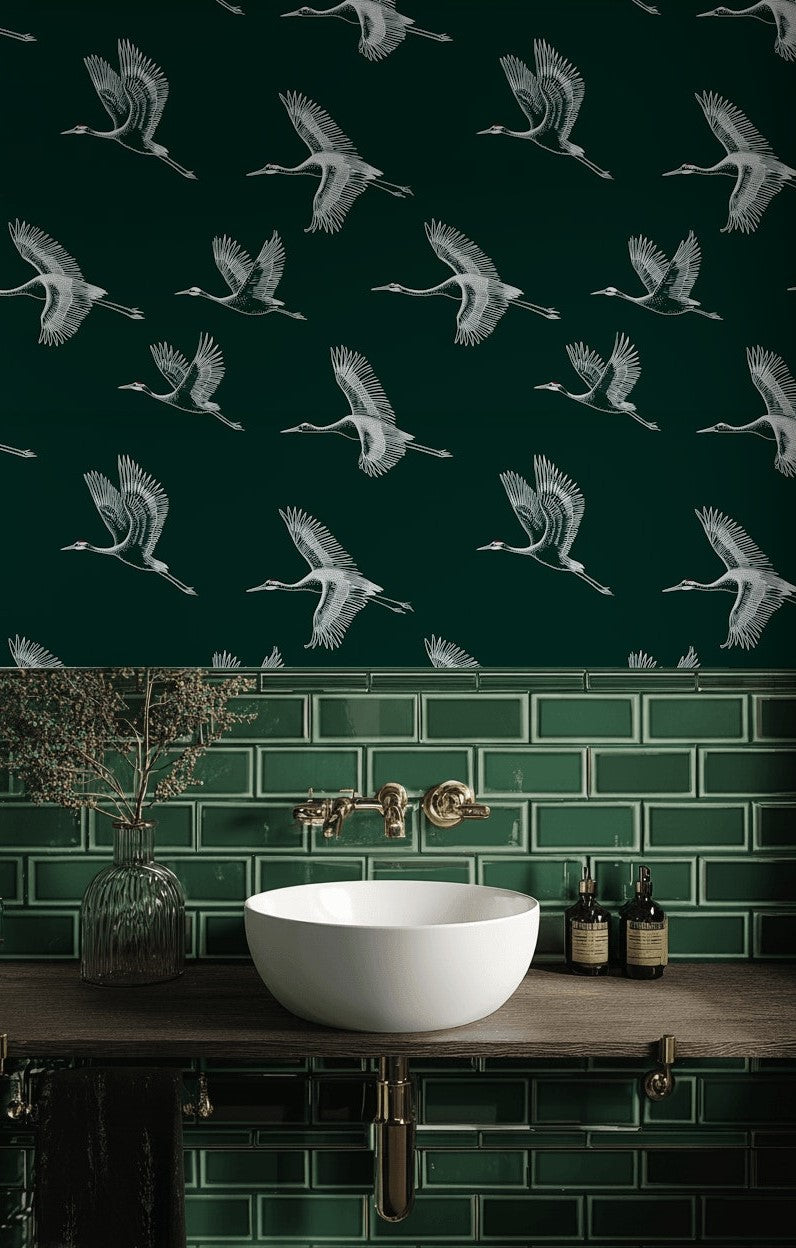 Cranes Wallpaper Dark Green Minimalist Wall Decor