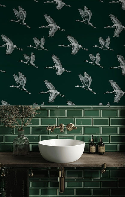 Cranes Wallpaper Dark Green Minimalist Wall Decor