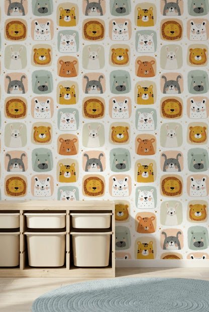 Animals Wallpaper Cartoon Playful Removable Wall Decor