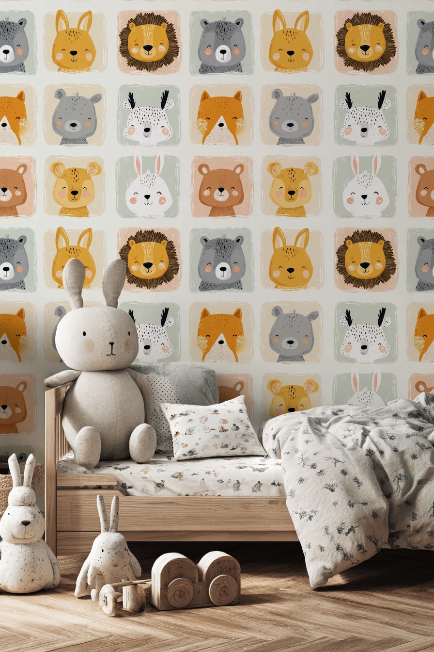 Cartoon Animals Wallpaper Playful Removable Pastel Wall Art