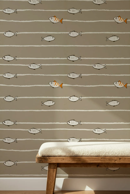 Fish Wallpaper Striped Contemporary Decorative Mural