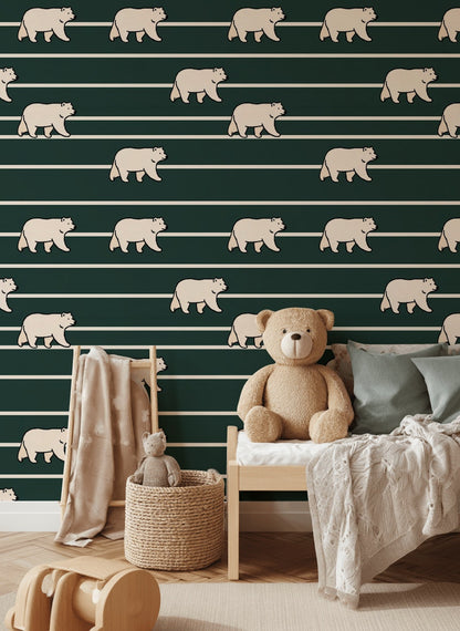 Modern Bears Wallpaper Striped Dark Green Decorative Mural