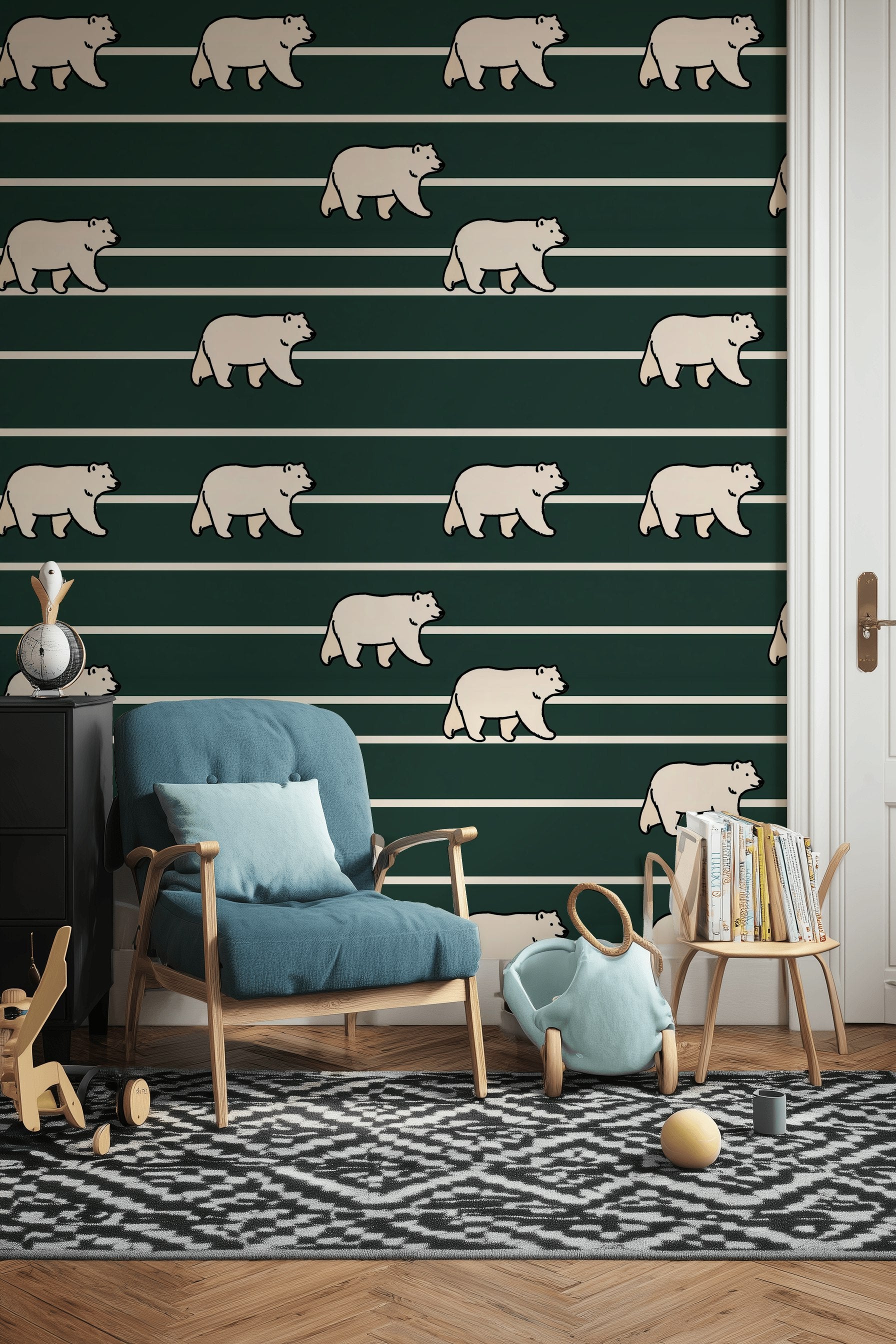Modern Bears Wallpaper Striped Dark Green Decorative Mural