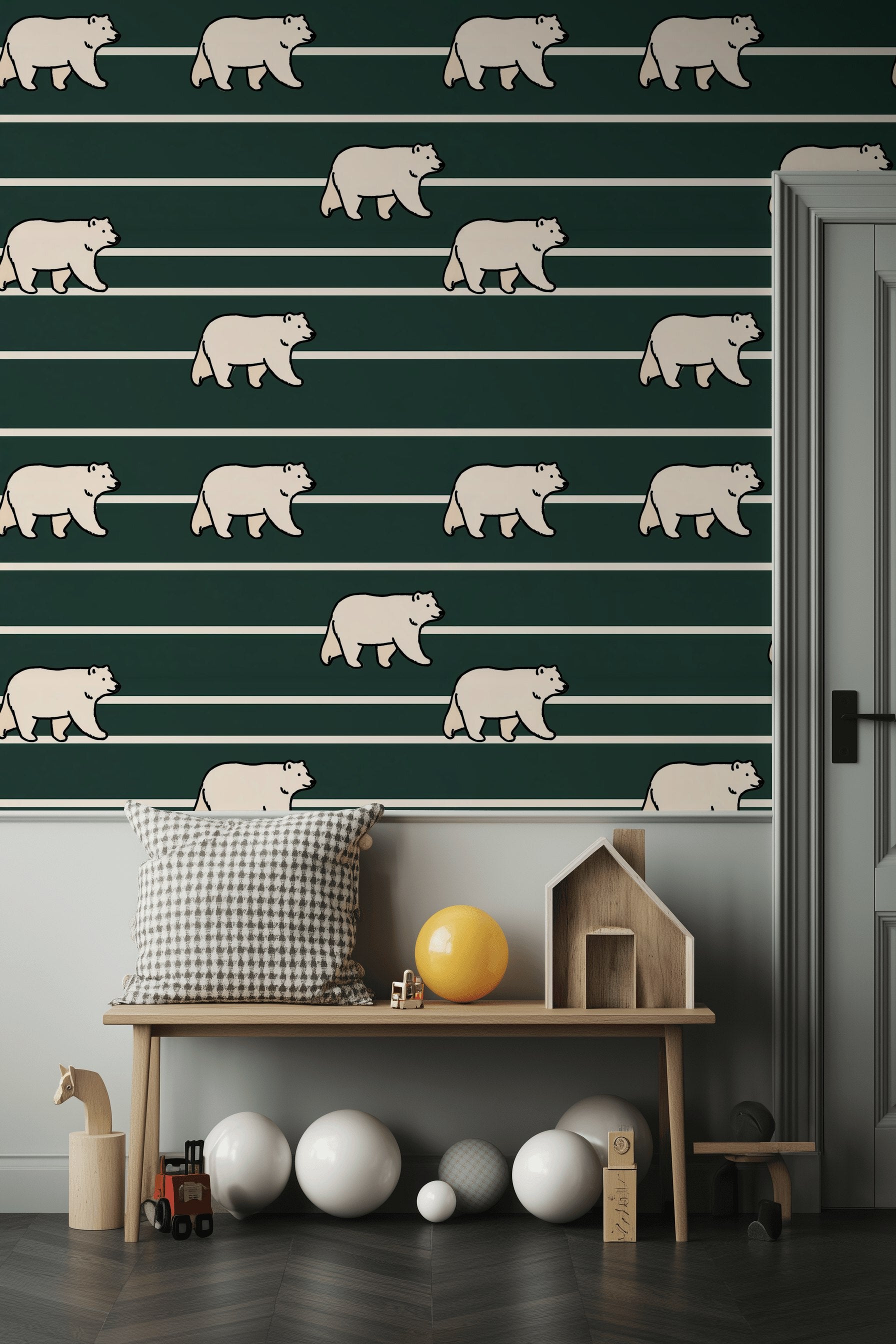 Modern Bears Wallpaper Striped Dark Green Decorative Mural
