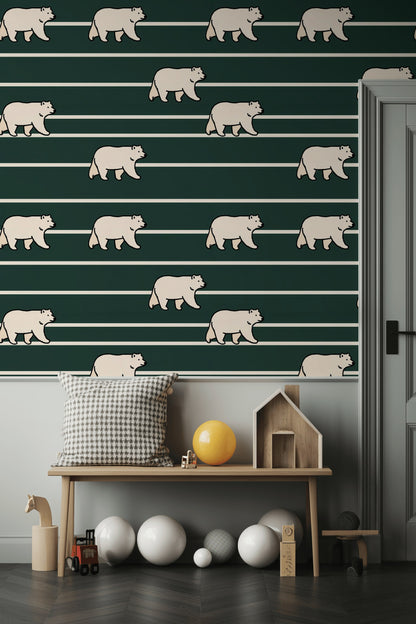 Modern Bears Wallpaper Striped Dark Green Decorative Mural