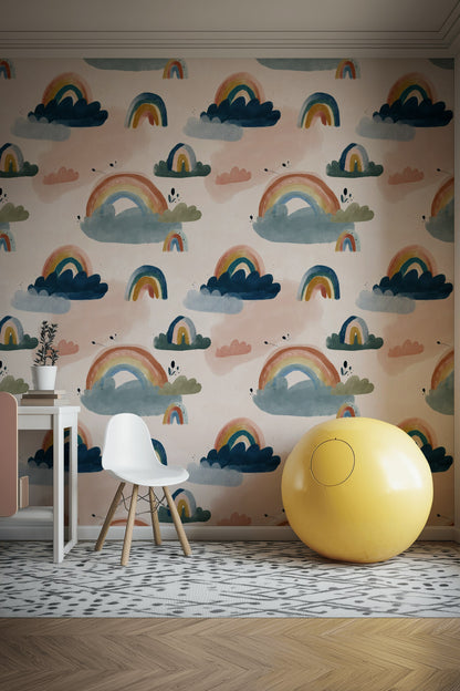 Pastel Rainbow Wallpaper Whimsical Clouds Removable Wall Decor