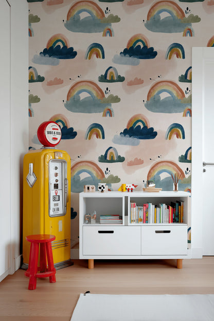 Pastel Rainbow Wallpaper Whimsical Clouds Removable Wall Decor