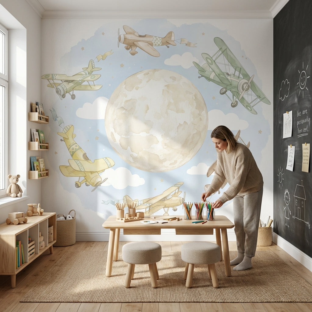 Airplanes Wallpaper Whimsical Moon Wall Mural