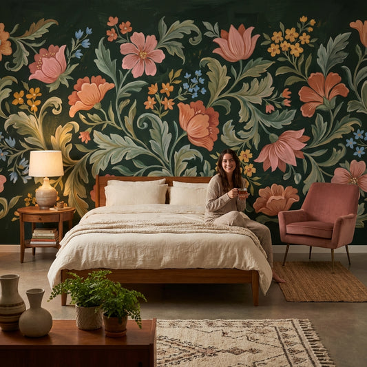 Vintage Floral Wallpaper Elegant Green Wall Decor