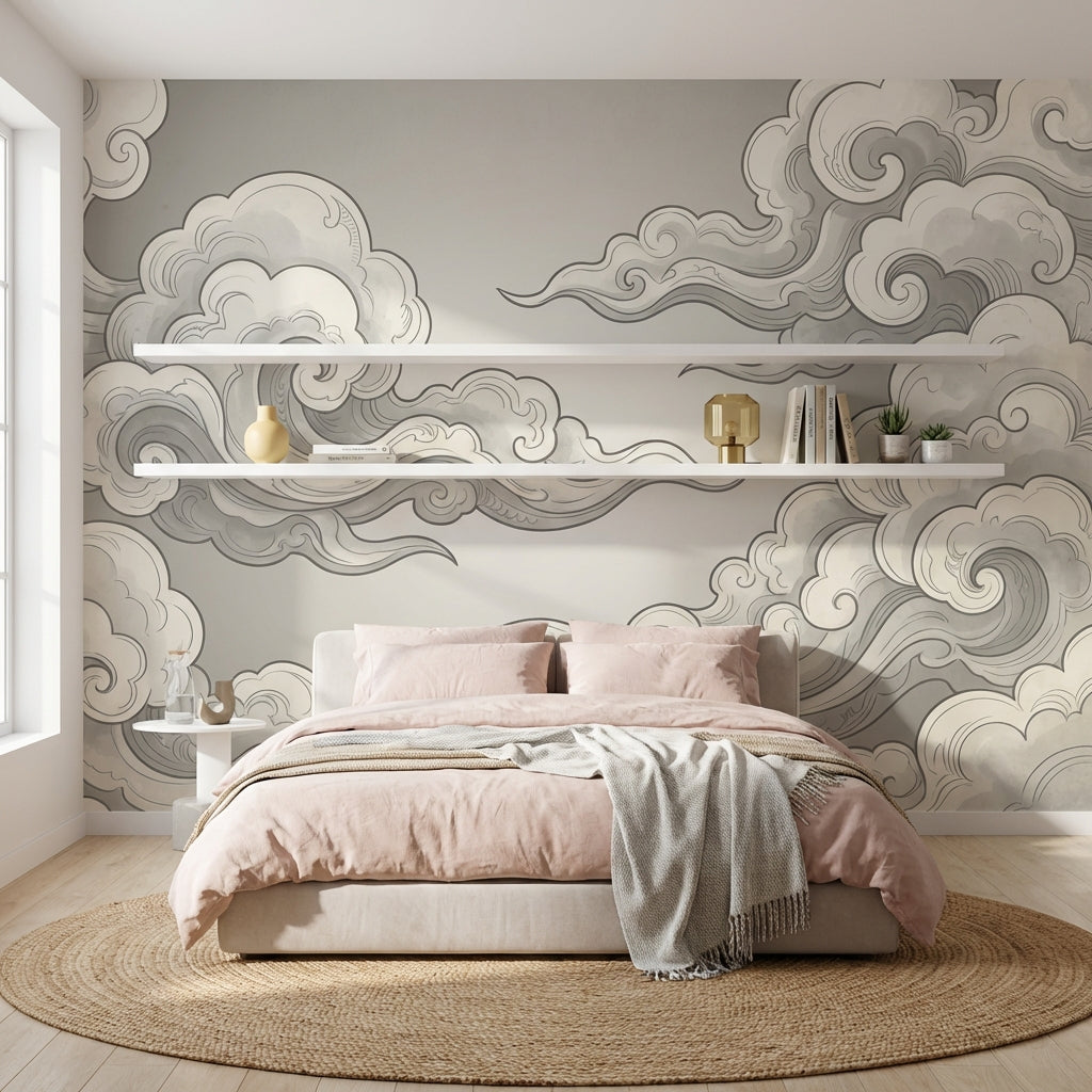 Chinoiserie Wallpaper Cloud Gray Removable Wall Decor