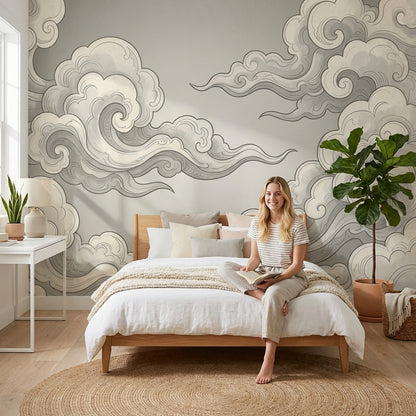 Chinoiserie Wallpaper Cloud Gray Removable Wall Decor
