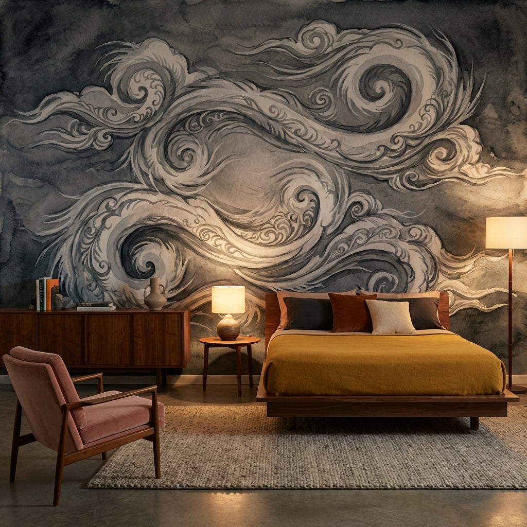 Abstract Wallpaper Swirls Gray Wall Mural