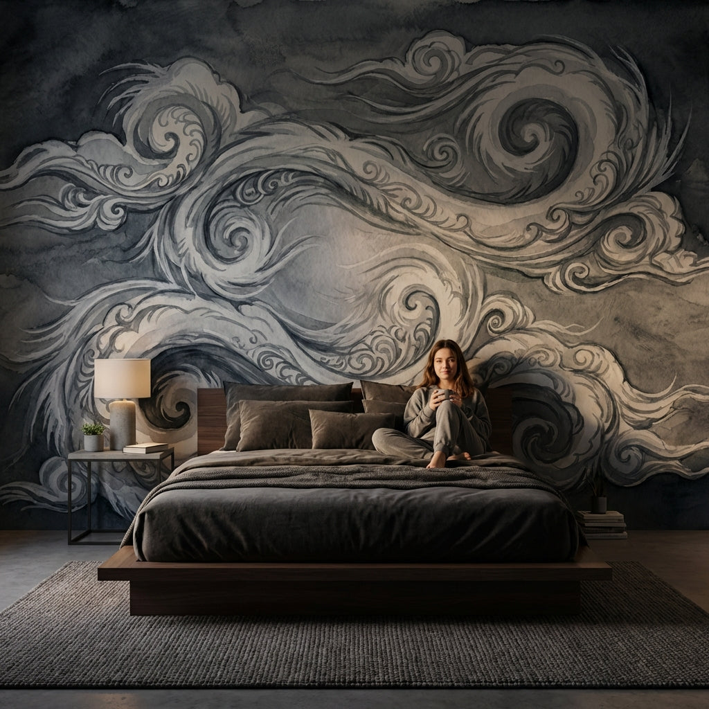 Abstract Wallpaper Swirls Gray Wall Mural