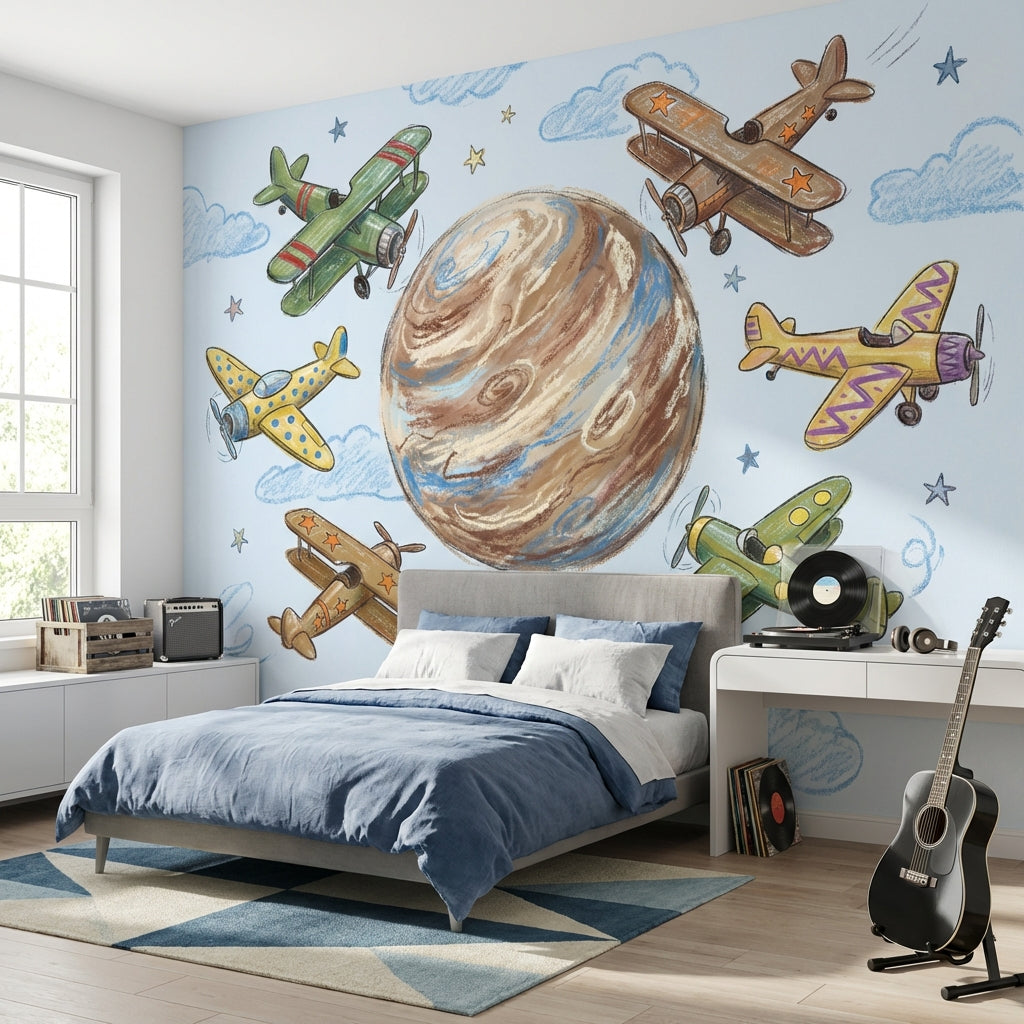Space Airplanes Wallpaper Whimsical Planet Wall Mural