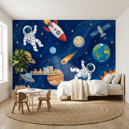 Astronaut Wallpaper Planets Cartoon Wall Decor