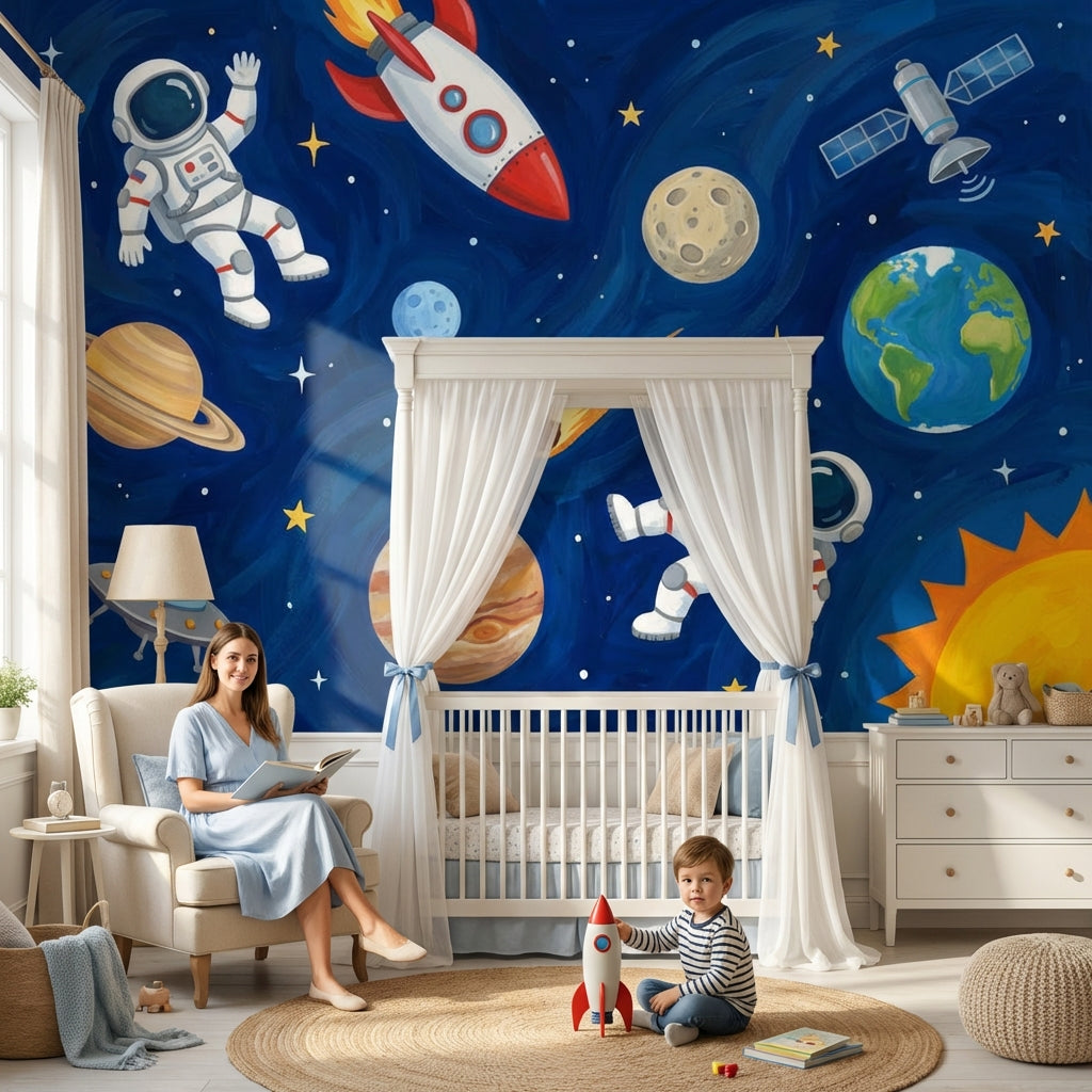 Astronaut Wallpaper Planets Cartoon Wall Decor