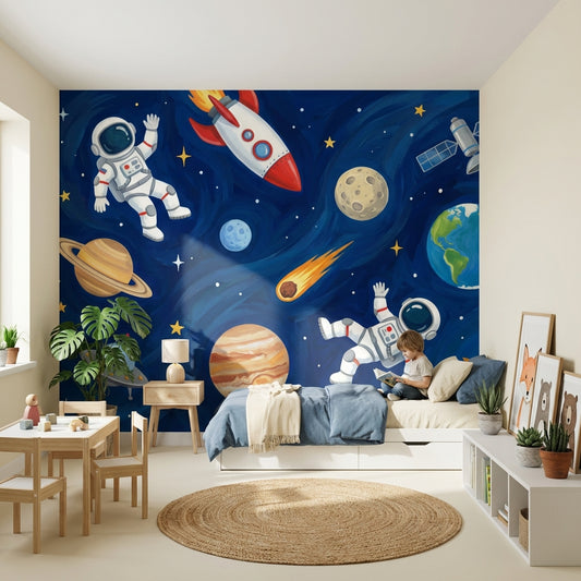 Astronaut Wallpaper Planets Cartoon Wall Decor
