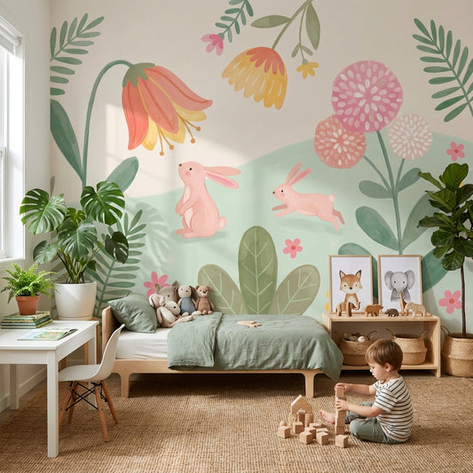 Rabbits Wallpaper Pastel Abstract Wall Mural