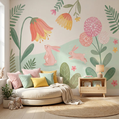 Rabbits Wallpaper Pastel Abstract Wall Mural