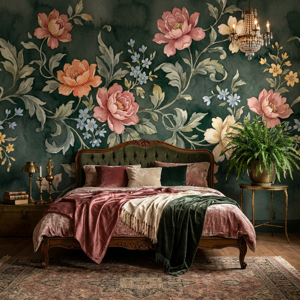 Vintage Floral Wallpaper Green Elegant Wall Mural