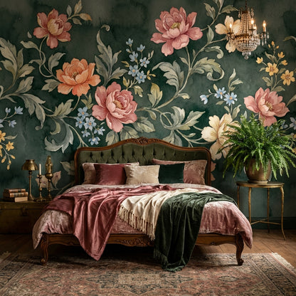 Vintage Floral Wallpaper Green Elegant Wall Mural