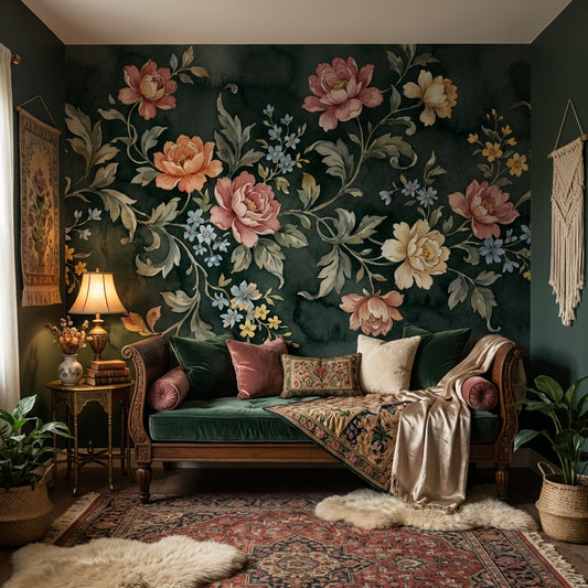 Vintage Floral Wallpaper Green Elegant Wall Mural