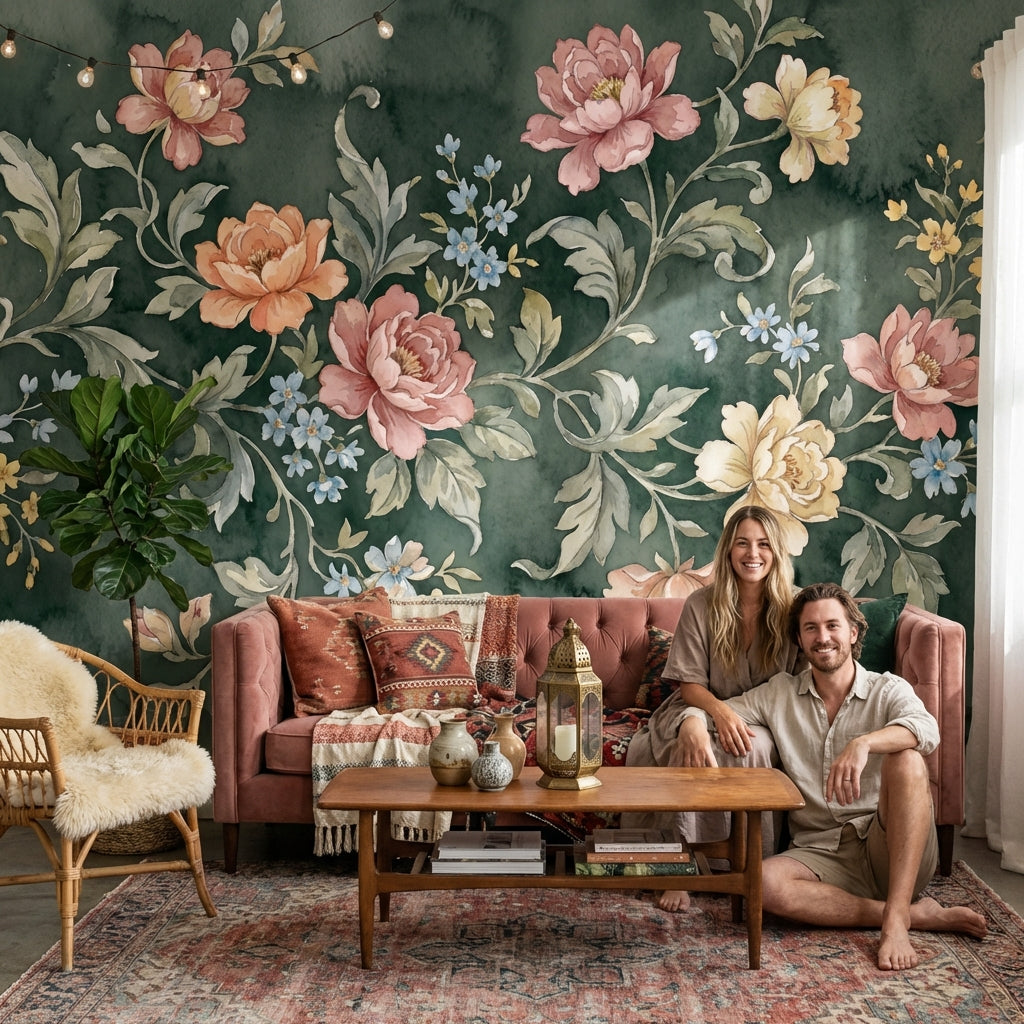 Vintage Floral Wallpaper Green Elegant Wall Mural