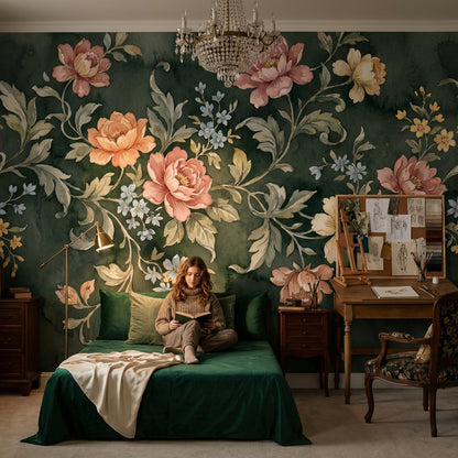 Vintage Floral Wallpaper Green Elegant Wall Mural