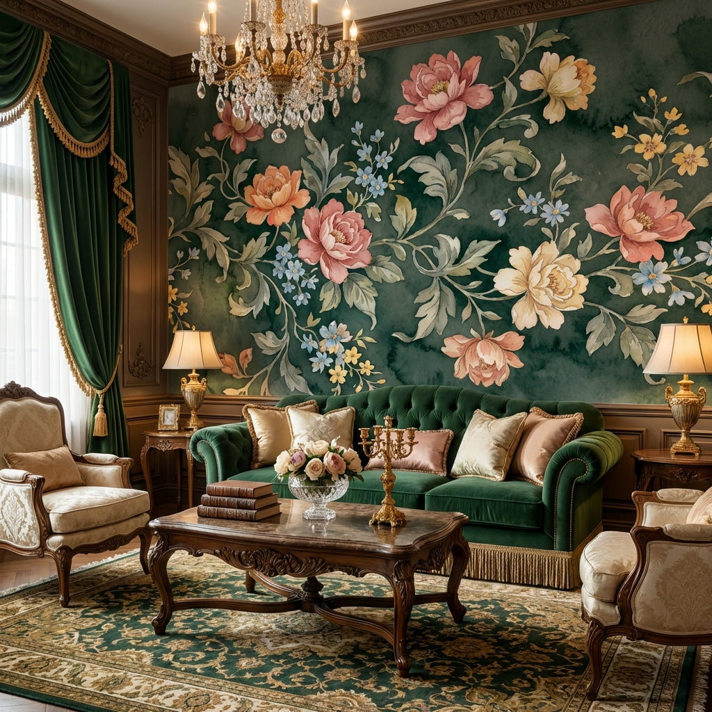 Vintage Floral Wallpaper Green Elegant Wall Mural