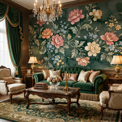 Vintage Floral Wallpaper Green Elegant Wall Mural