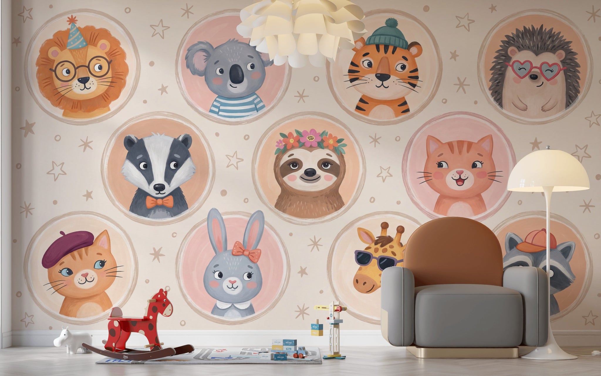 Whimsical Animal Wallpaper Cartoon Playful Wall Mural