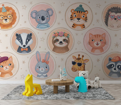 Whimsical Animal Wallpaper Cartoon Playful Wall Mural
