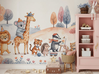 Playful Animals Wallpaper Whimsical Cartoon Wall Mural