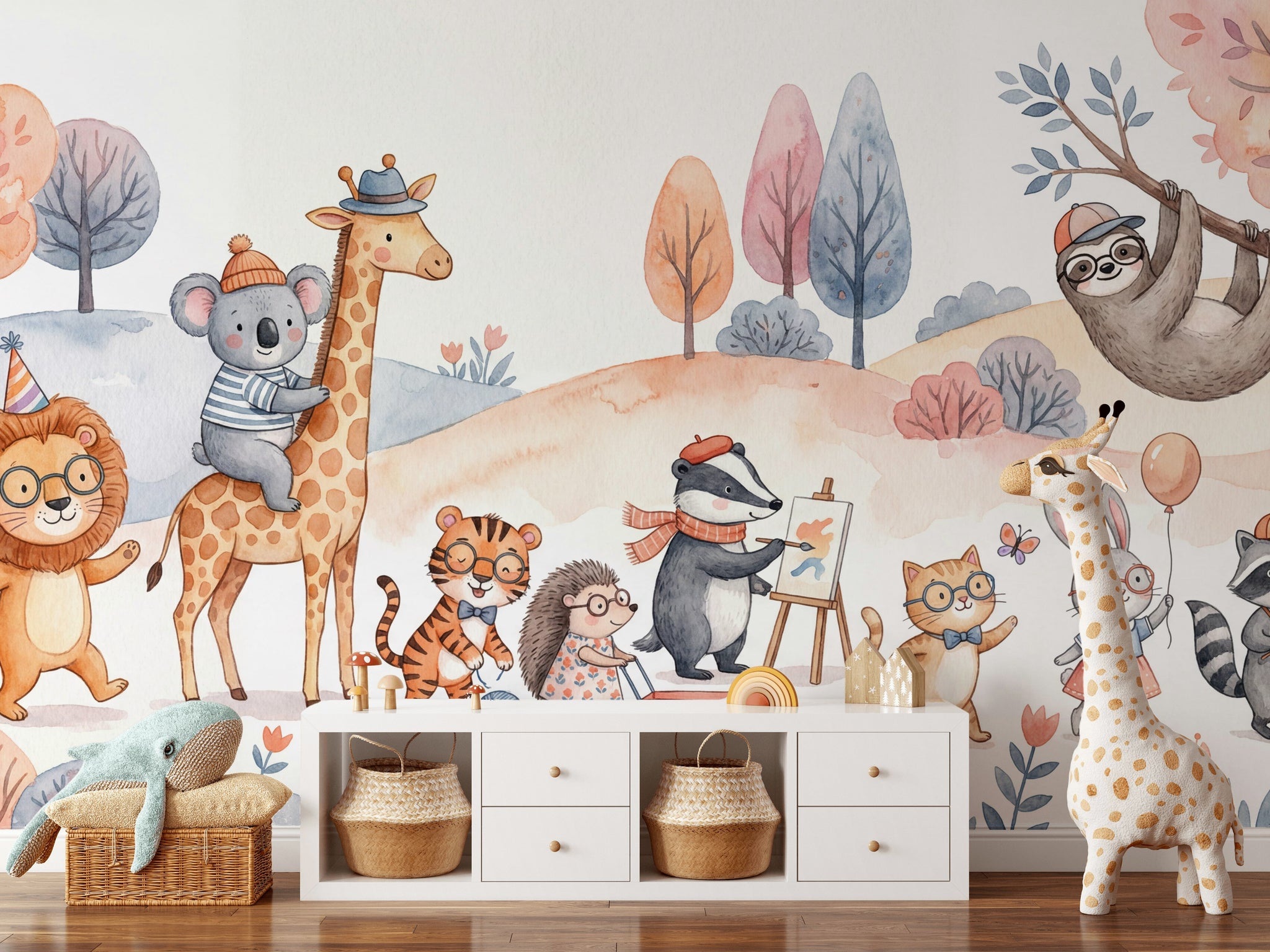 Playful Animals Wallpaper Whimsical Cartoon Wall Mural